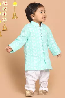 Infant  Green And White Pure Cotton Kurta Pyjama Set