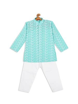 Infant  Green And White Pure Cotton Kurta Pyjama Set 4
