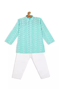 Infant  Green And White Pure Cotton Kurta Pyjama Set