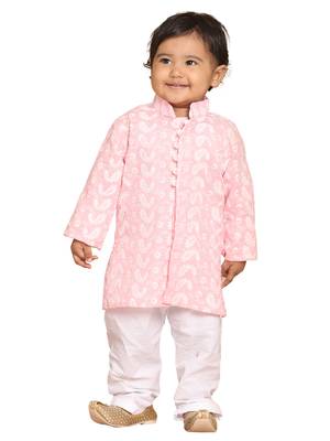Infant  Pink And White Pure Cotton Kurta Pyjama Set 1