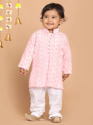 Infant  Pink And White Pure Cotton Kurta Pyjama Set 2