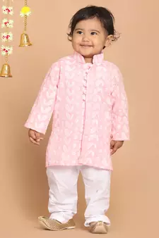 Infant  Pink And White Pure Cotton Kurta Pyjama Set