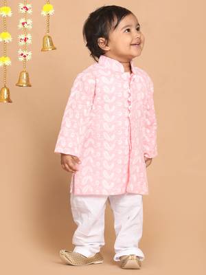 Infant  Pink And White Pure Cotton Kurta Pyjama Set 3