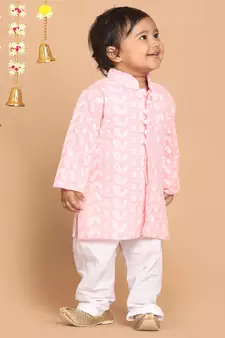Infant  Pink And White Pure Cotton Kurta Pyjama Set