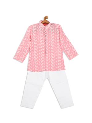Infant  Pink And White Pure Cotton Kurta Pyjama Set 4