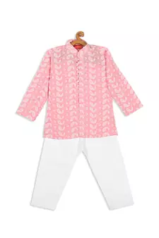 Infant  Pink And White Pure Cotton Kurta Pyjama Set
