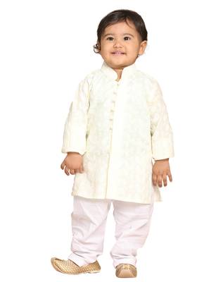 Infant  Yellow And White Pure Cotton Kurta Pyjama Set 1