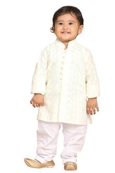 Infant Boys Yellow And White Pure Cotton Kurta Pyjama Set