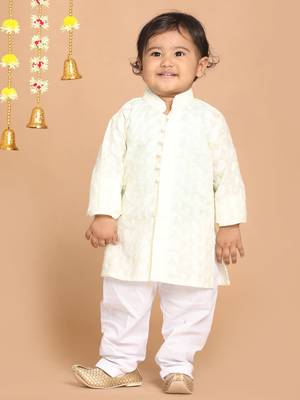 Infant  Yellow And White Pure Cotton Kurta Pyjama Set 2