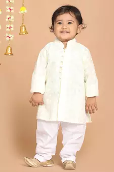 Infant  Yellow And White Pure Cotton Kurta Pyjama Set