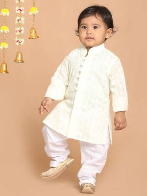 Infant  Yellow And White Pure Cotton Kurta Pyjama Set 3