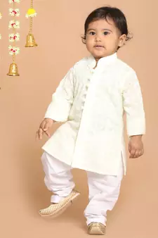Infant  Yellow And White Pure Cotton Kurta Pyjama Set