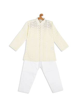 Infant  Yellow And White Pure Cotton Kurta Pyjama Set 4