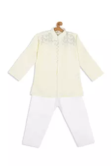 Infant  Yellow And White Pure Cotton Kurta Pyjama Set