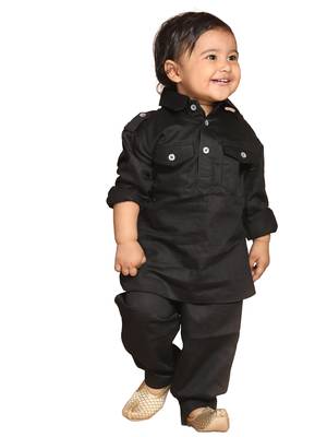 Infant  Black Cotton Pathani Kurta Set 1