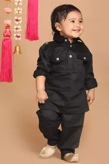 Infant  Black Cotton Pathani Kurta Set