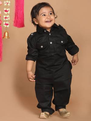 Infant  Black Cotton Pathani Kurta Set 3