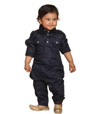 Infant  Navy Blue Cotton Pathani Kurta Set 1