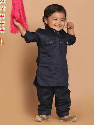 Infant  Navy Blue Cotton Pathani Kurta Set 2