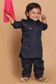 Infant  Navy Blue Cotton Pathani Kurta Set