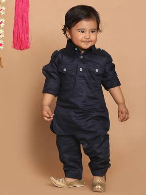 Infant  Navy Blue Cotton Pathani Kurta Set 3