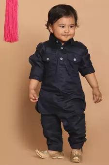 Infant  Navy Blue Cotton Pathani Kurta Set