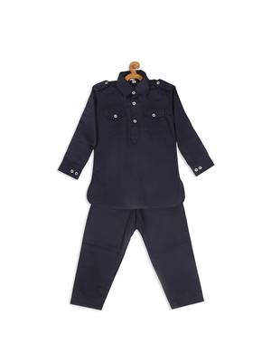 Infant  Navy Blue Cotton Pathani Kurta Set 4