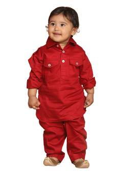 Infant Boys Maroon Cotton Pathani Kurta Set