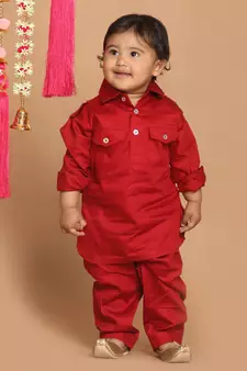 Infant  Maroon Cotton Pathani Kurta Set