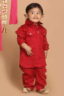 Infant  Maroon Cotton Pathani Kurta Set