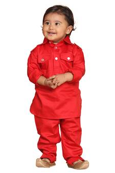 Infant Boys Red Cotton Pathani Kurta Set