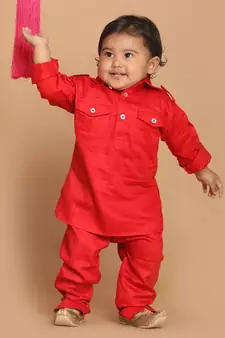 Infant  Red Cotton Pathani Kurta Set