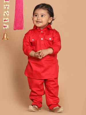 Infant  Red Cotton Pathani Kurta Set 3