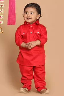 Infant  Red Cotton Pathani Kurta Set