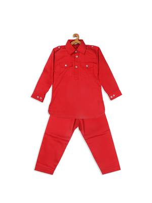 Infant  Red Cotton Pathani Kurta Set 4
