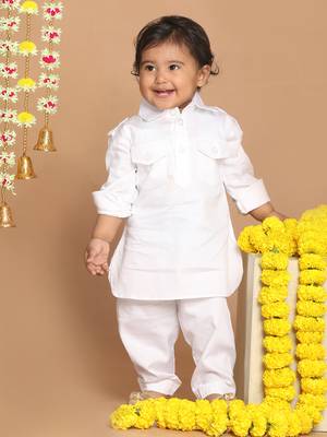 Infant  White Cotton Pathani Kurta Set 2