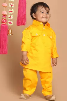 Infant Boys Yellow Cotton Pathani Kurta Set