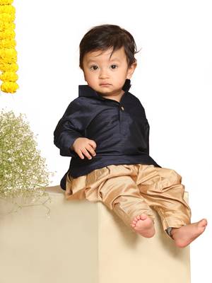 Infant  Navy Blue And Rose Gold Silk Blend Kurta And Dhoti Set 1