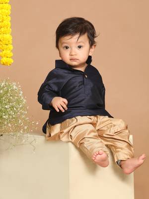 Infant  Navy Blue And Rose Gold Silk Blend Kurta And Dhoti Set 2