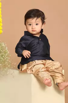 Infant  Navy Blue And Rose Gold Silk Blend Kurta And Dhoti Set