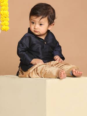 Infant  Navy Blue And Rose Gold Silk Blend Kurta And Dhoti Set 3
