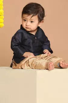 Infant  Navy Blue And Rose Gold Silk Blend Kurta And Dhoti Set