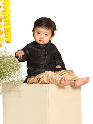 Infant  Black And Rose Gold Silk Blend Kurta And Dhoti Set 1