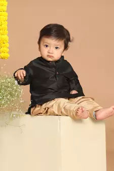 Infant  Black And Rose Gold Silk Blend Kurta And Dhoti Set