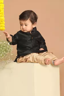 Infant  Black And Rose Gold Silk Blend Kurta And Dhoti Set