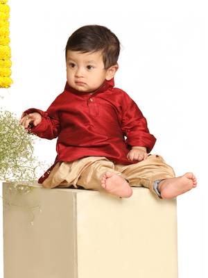 Infant  Maroon And Rose Gold Silk Blend Kurta And Dhoti Set 1