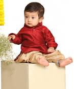 Infant  Maroon And Rose Gold Silk Blend Kurta And Dhoti Set