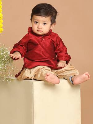 Infant  Maroon And Rose Gold Silk Blend Kurta And Dhoti Set 2
