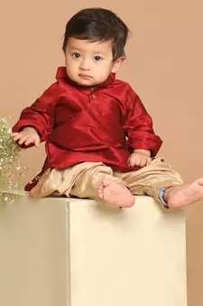 Infant  Maroon And Rose Gold Silk Blend Kurta And Dhoti Set