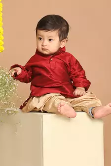 Infant  Maroon And Rose Gold Silk Blend Kurta And Dhoti Set